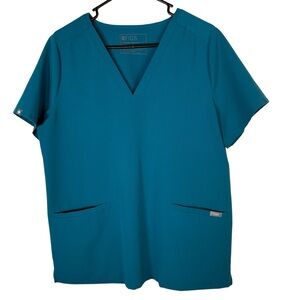 Figs Technical Collection Women’s Large Teal V-Neck Scrub Top Shirt Short Sleeve